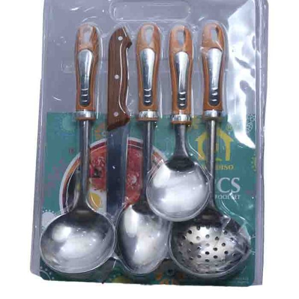 5-Piece Stainless Steel Cooking Utensil Set with Classic Wood-Finish Handles
