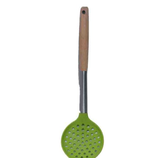 Heat-Resistant Lime Green Strainer Spoon with Wood Handle