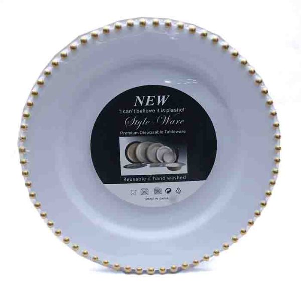 White & Gold Beaded Rim Plastic Plates