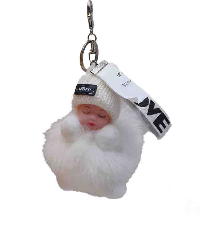 Sleeping Baby Doll Pom Pom Keychain White.jpg